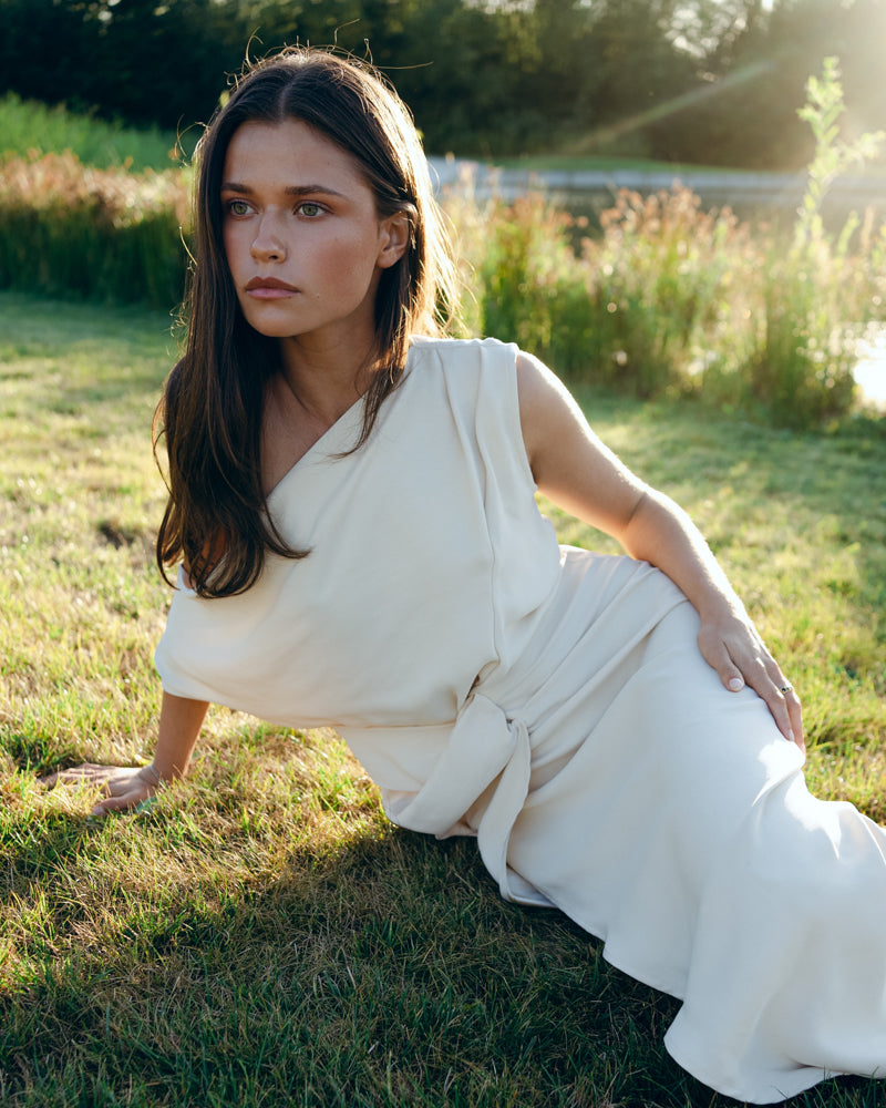ecru long dress ASOS DESIGN satin angel sleeve low back maxi dress in ecru